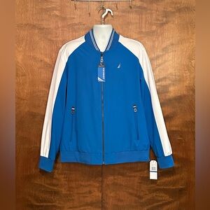 Nautica Full Zip Fall Bomber Jacket Mens XL Blue & White Colorblock Long Sleeves